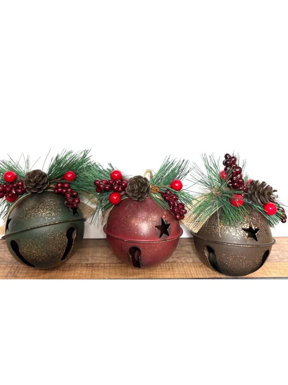 Set Of 3 Holiday Jingle Bells Pinecone Berry & Pine Rustic Red Green & Gold Fini